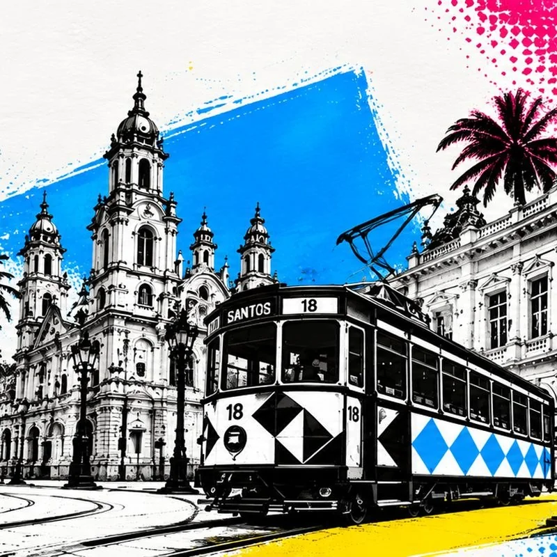 Ilustração do centro histórico de Santos com o bonde número 18